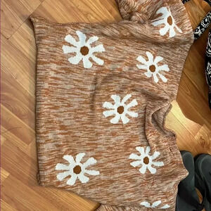 Floral Knit Sweater - Orange and White